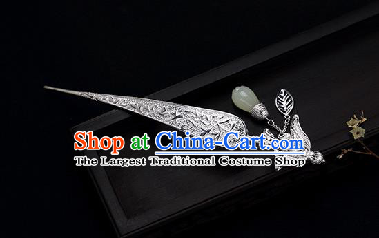 Chinese Traditional Hair Jewelry Classical Jade Mangnolia Tassel Hair Stick Cheongsam Accessories Headpiece Handmade Silver Hairpin