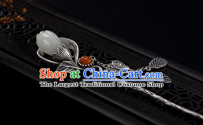 Chinese Handmade Silver Butterfly Tassel Hairpin Traditional Hair Jewelry Classical Jade Mangnolia Hair Stick Cheongsam Accessories Headpiece