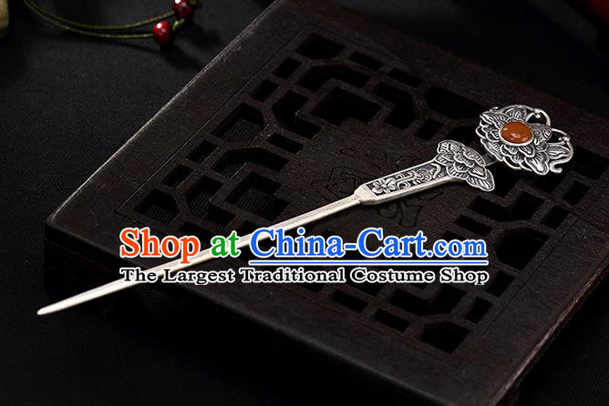 Chinese Cheongsam Accessories Headpiece Handmade Silver Carving Peony Hairpin Traditional Hair Jewelry Classical Agate Hair Stick