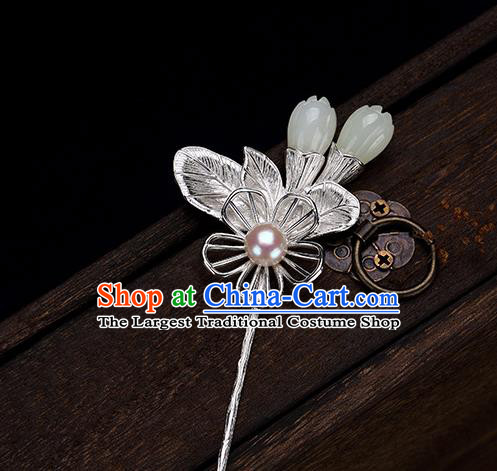 Chinese Classical Jade Mangnolia Hair Stick Cheongsam Accessories Headpiece Handmade Silver Hairpin Traditional Hair Jewelry