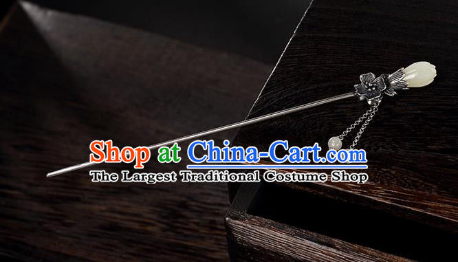 Chinese Traditional Hair Jewelry Classical Jade Mangnolia Hair Stick Cheongsam Accessories Headpiece Handmade Silver Tassel Hairpin