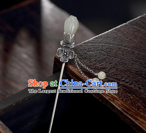 Chinese Traditional Hair Jewelry Classical Jade Mangnolia Hair Stick Cheongsam Accessories Headpiece Handmade Silver Tassel Hairpin