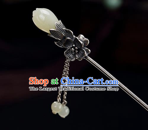 Chinese Traditional Hair Jewelry Classical Jade Mangnolia Hair Stick Cheongsam Accessories Headpiece Handmade Silver Tassel Hairpin