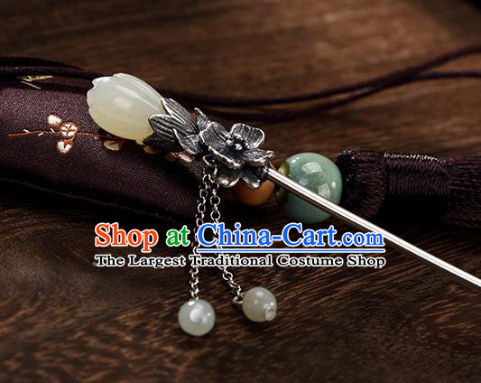 Chinese Traditional Hair Jewelry Classical Jade Mangnolia Hair Stick Cheongsam Accessories Headpiece Handmade Silver Tassel Hairpin