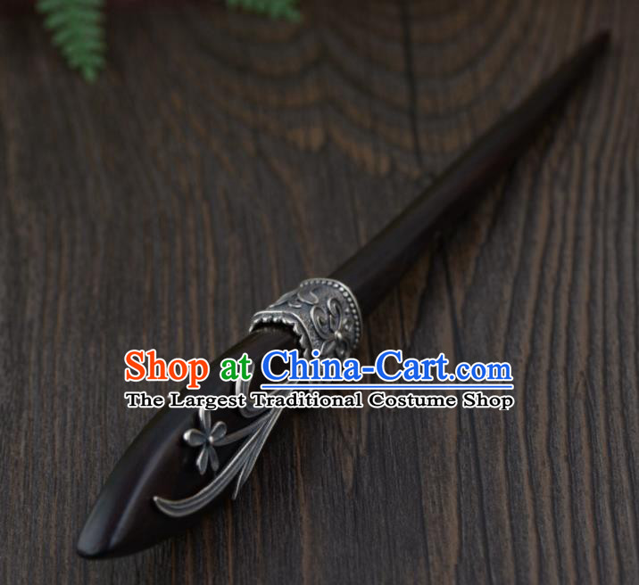 Chinese Handmade Silver Orchids Hairpin Traditional Hair Jewelry Classical Ebony Hair Stick Cheongsam Accessories Headpiece