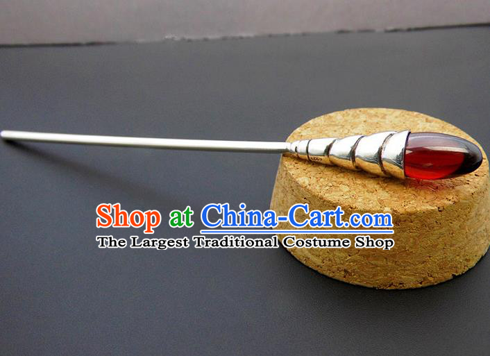 Chinese Classical Silver Hair Stick Cheongsam Accessories Headpiece Handmade Garnet Hairpin Traditional Hair Jewelry