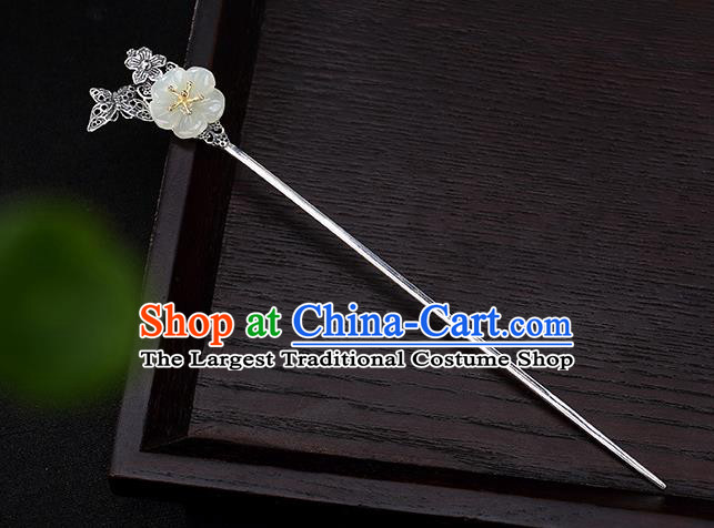 Chinese Handmade Hetian Jade Plum Hairpin Traditional Hair Jewelry Classical Silver Hair Stick Cheongsam Accessories Headpiece