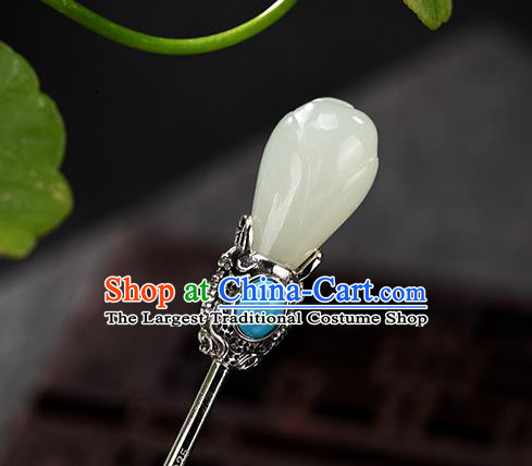 Chinese Cheongsam Accessories Headpiece Handmade Hetian Jade Mangnolia Hairpin Traditional Hair Jewelry Classical Silver Hair Stick
