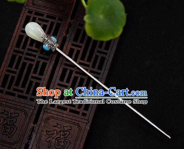 Chinese Cheongsam Accessories Headpiece Handmade Hetian Jade Mangnolia Hairpin Traditional Hair Jewelry Classical Silver Hair Stick