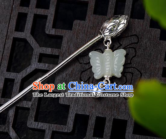 Chinese Traditional Hair Jewelry Classical Silver Lotus Hair Stick Cheongsam Accessories Headpiece Handmade Hetian Jade Butterfly Hairpin