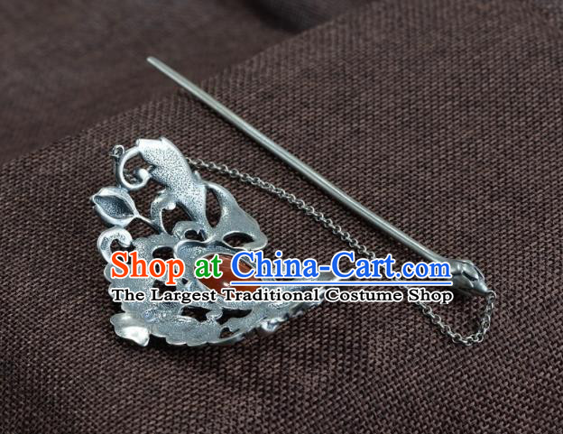 Chinese Cheongsam Headpieces Handmade Silver Hairpin Traditional Hair Accessories Classical Agate Peony Hair Crown