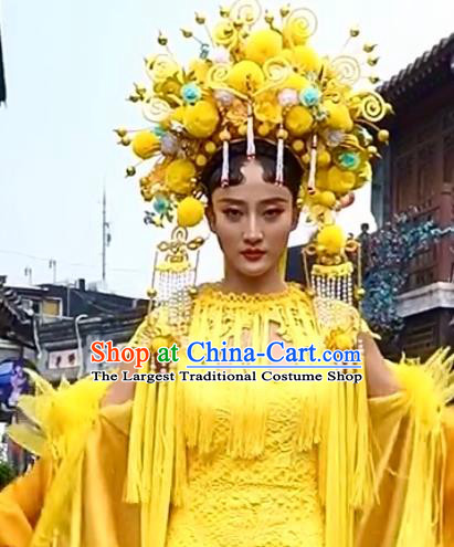 Custom China Opera Deluxe Phoenix Coronet Catwalks Headdress Wedding Hair Accessories Stage Show Yellow Hair Crown