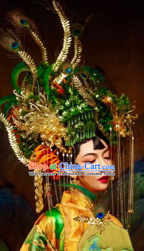 Custom China Stage Show Peacock Hair Crown Opera Deluxe Phoenix Coronet Catwalks Headdress Wedding Hair Accessories
