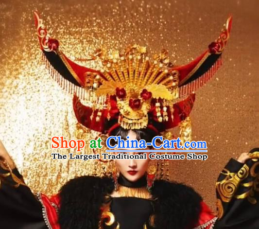 Custom China Wedding Hair Accessories Stage Show Red Giant Hair Crown Opera Deluxe Phoenix Coronet Catwalks Headdress