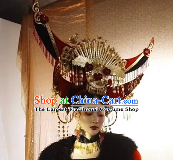 Custom China Wedding Hair Accessories Stage Show Red Giant Hair Crown Opera Deluxe Phoenix Coronet Catwalks Headdress
