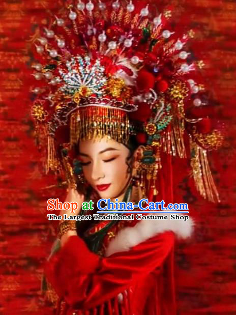 Custom China Opera Imperial Concubine Deluxe Phoenix Coronet Catwalks Headdress Wedding Hair Accessories Stage Show Giant Red Hair Crown