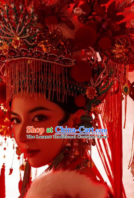 Custom China Opera Imperial Concubine Deluxe Phoenix Coronet Catwalks Headdress Wedding Hair Accessories Stage Show Giant Red Hair Crown
