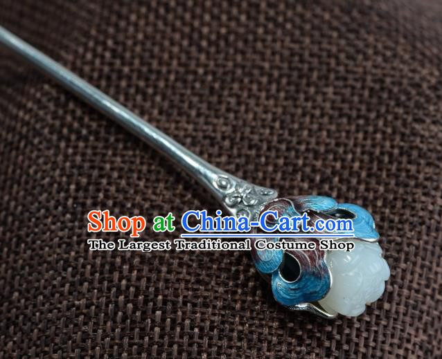 Chinese Classical Jade Mangnolia Hair Stick Cheongsam Headpiece Handmade Cloisonne Silver Hairpin Traditional Hair Accessories