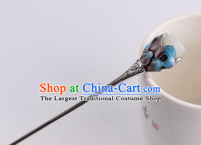Chinese Classical Jade Mangnolia Hair Stick Cheongsam Headpiece Handmade Cloisonne Silver Hairpin Traditional Hair Accessories