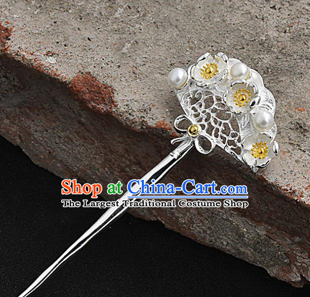 Chinese Traditional Hair Jewelry Classical Pearls Hair Stick Cheongsam Headpiece Handmade Silver Plum Hairpin