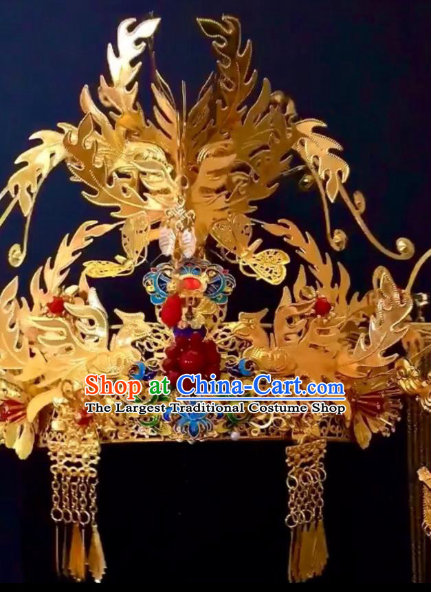 Custom China Wedding Hair Accessories Stage Show Golden Hair Crown Ancient Empress Deluxe Cloisonne Phoenix Coronet Catwalks Headdress