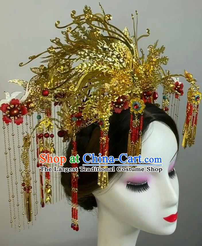 Top China Stage Show Deluxe Hair Crown Ancient Bride Golden Phoenix Coronet Catwalks Headdress Wedding Hair Accessories