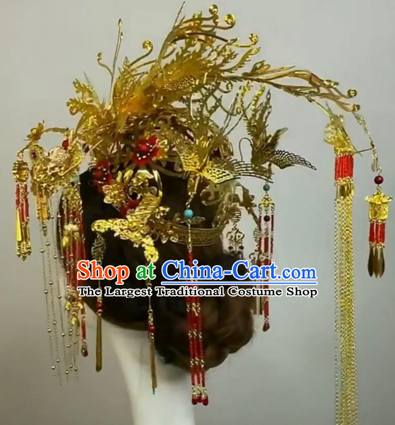 Top China Stage Show Deluxe Hair Crown Ancient Bride Golden Phoenix Coronet Catwalks Headdress Wedding Hair Accessories