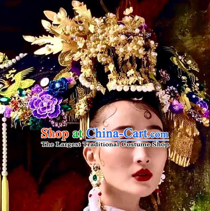China Catwalks Hair Accessories Wedding Headdress Stage Show Cloisonne Hair Crown Ancient Qing Dynasty Imperial Concubine Deluxe Phoenix Coronet