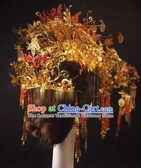 China Ancient Empress Deluxe Phoenix Coronet Catwalks Hair Accessories Wedding Headdress Stage Show Giant Red Hair Crown