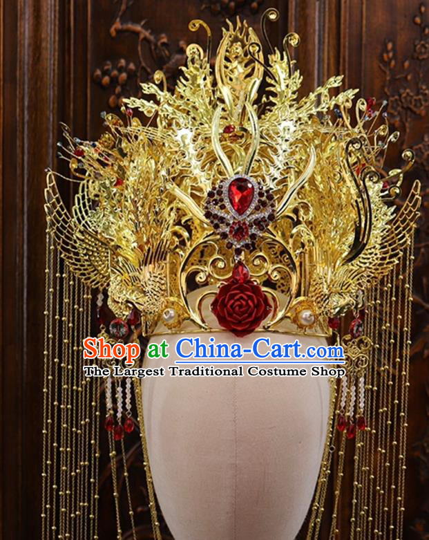 China Stage Show Giant Golden Hair Crown Ancient Queen Deluxe Phoenix Coronet Catwalks Hair Accessories Wedding Headdress