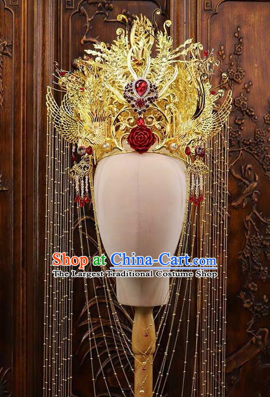 China Stage Show Giant Golden Hair Crown Ancient Queen Deluxe Phoenix Coronet Catwalks Hair Accessories Wedding Headdress