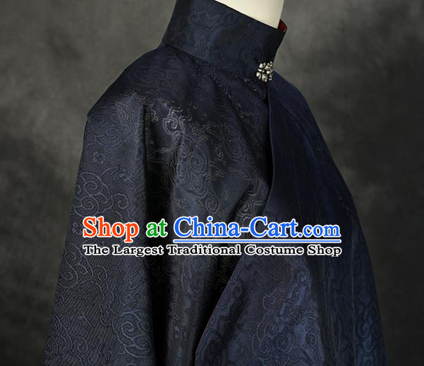 China Traditional Hanfu Navy Silk Long Gown Noble Woman Historical Clothing Ancient Ming Dynasty Royal Countess Garment Costume