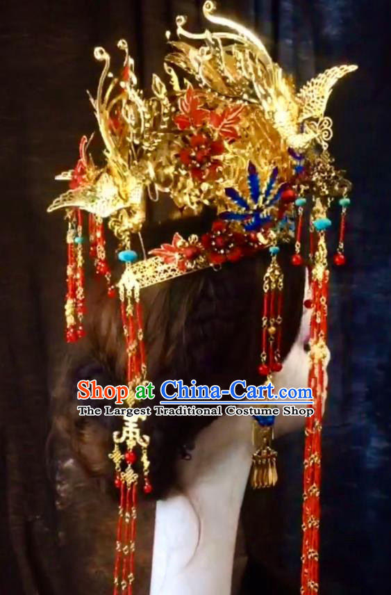 Top China Catwalks Headdress Wedding Hair Accessories Stage Show Deluxe Hair Crown Ancient Imperial Concubine Cloisonne Phoenix Coronet