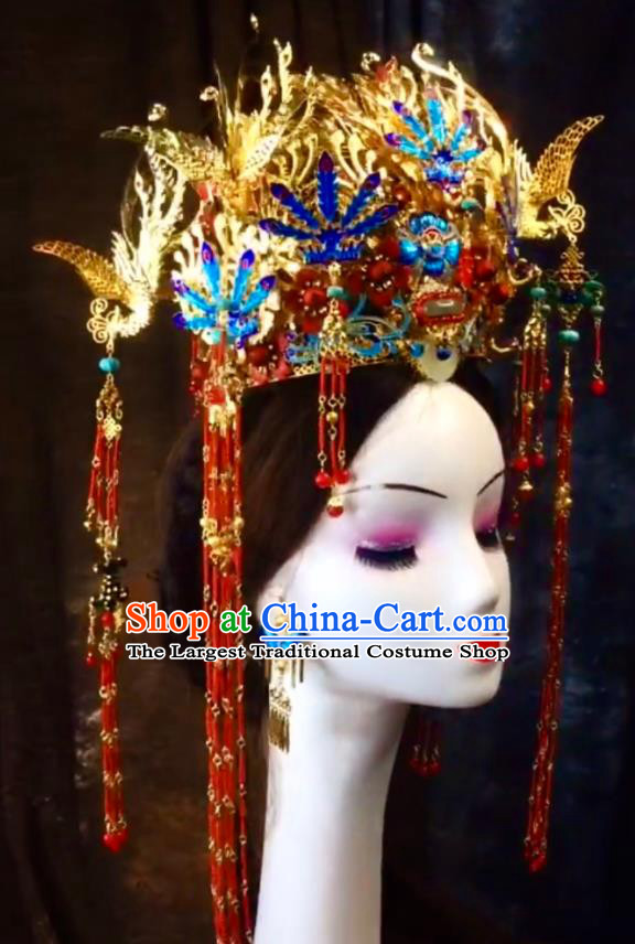 Top China Catwalks Headdress Wedding Hair Accessories Stage Show Deluxe Hair Crown Ancient Imperial Concubine Cloisonne Phoenix Coronet