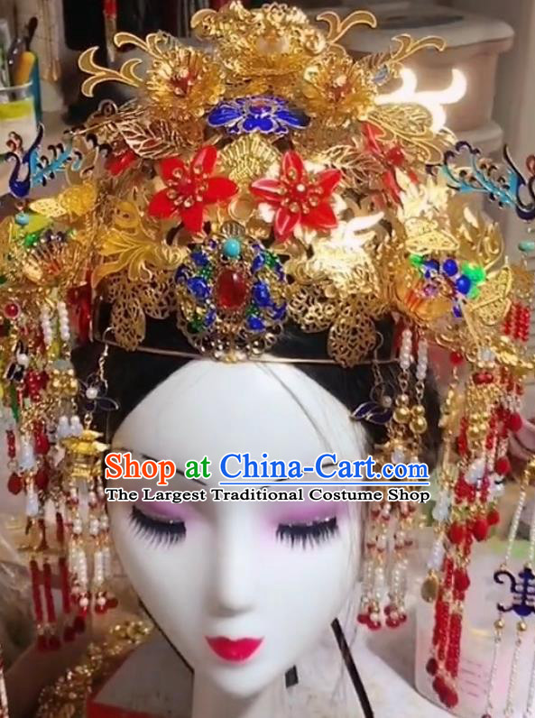 Top China Ancient Empress Cloisonne Phoenix Coronet Catwalks Headdress Wedding Hair Accessories Stage Show Deluxe Hair Crown