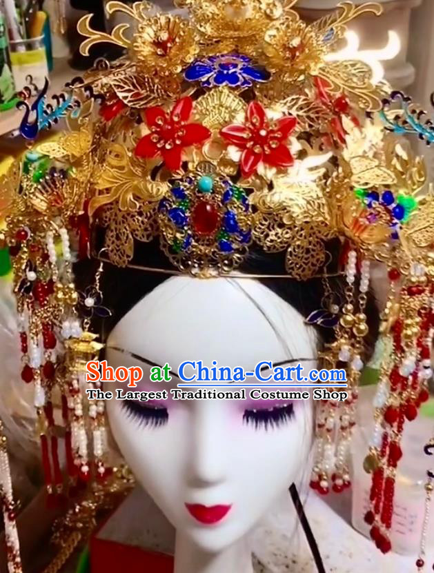 Top China Ancient Empress Cloisonne Phoenix Coronet Catwalks Headdress Wedding Hair Accessories Stage Show Deluxe Hair Crown