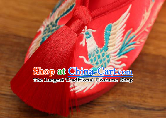 China Handmade Tassel Bride Shoes XiuHe Red Satin Shoes Hanfu Shoes Classical Wedding Shoes Embroidered Phoenix Shoes