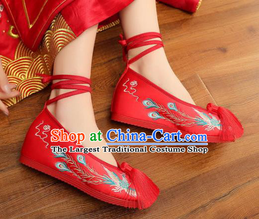 China Handmade Tassel Bride Shoes XiuHe Red Satin Shoes Hanfu Shoes Classical Wedding Shoes Embroidered Phoenix Shoes
