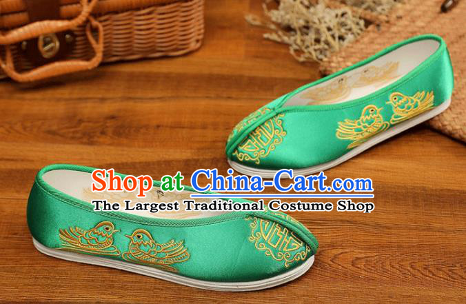 China Embroidered Mandarin Duck Shoes Handmade Bride Shoes XiuHe Green Satin Shoes Hanfu Shoes Classical Wedding Shoes
