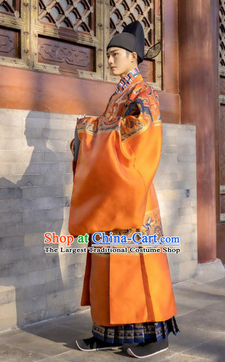 China Traditional Historical Clothing Ancient Young Male Orange Hanfu Robe Ming Dynasty Official Garment Costume