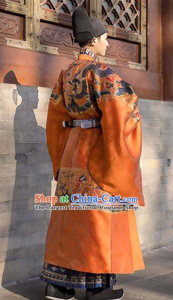 China Traditional Historical Clothing Ancient Young Male Orange Hanfu Robe Ming Dynasty Official Garment Costume