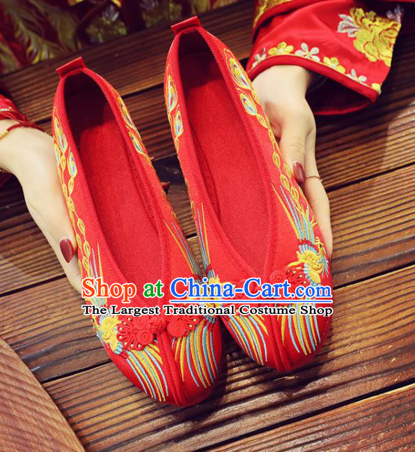 China Handmade Bride Shoes Xiuhe Red Satin Shoes Classical Wedding Shoes Embroidered Phoenix Shoes