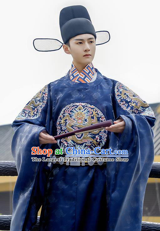 China Traditional Ming Dynasty Official Historical Clothing Ancient Embroidered Navy Hanfu Robe Wedding Costume for Men
