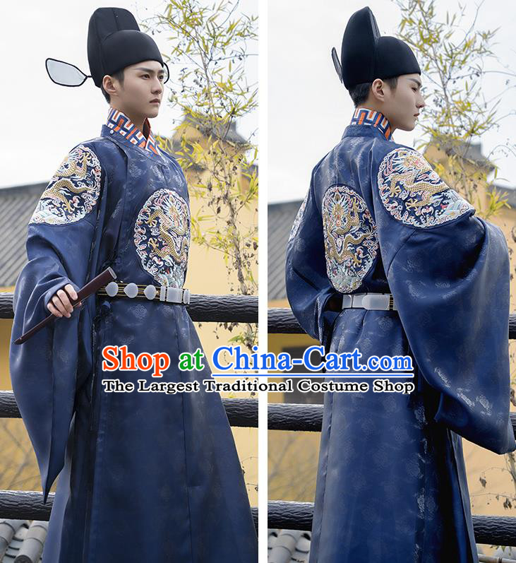 China Traditional Ming Dynasty Official Historical Clothing Ancient Embroidered Navy Hanfu Robe Wedding Costume for Men