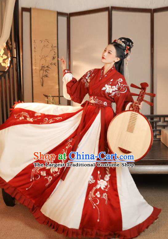 China Ancient Royal Princess Embroidered Red Hanfu Dress Jin Dynasty Palace Lady Clothing Traditional Historical Garment Costumes