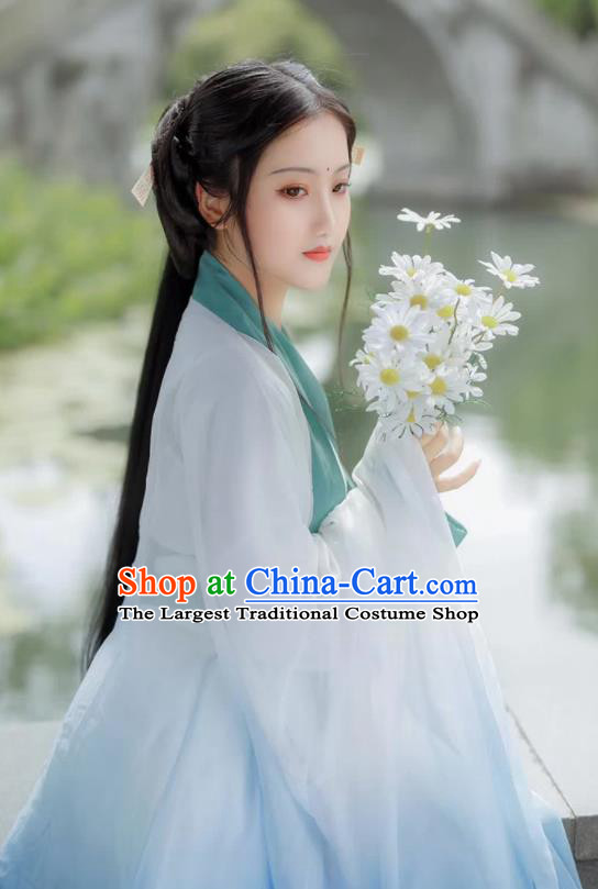 China Traditional Jin Dynasty Young Beauty Historical Clothing Ancient Noble Lady Blue Hanfu Dress Garments