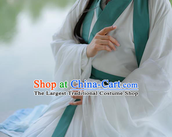 China Traditional Jin Dynasty Young Beauty Historical Clothing Ancient Noble Lady Blue Hanfu Dress Garments