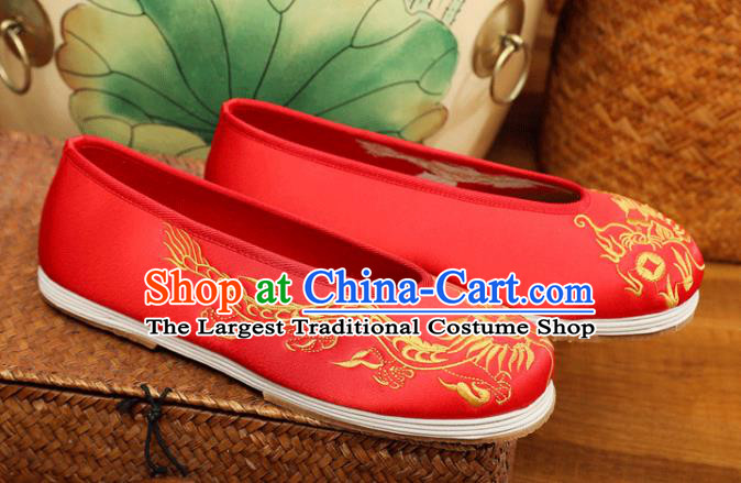 Chinese Male Embroidered Dragon Shoes Traditional Wedding Shoes Bridegroom Shoes Handmade Red Satin Shoes