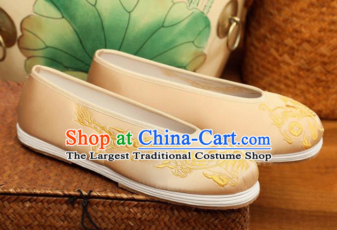 Chinese Bridegroom Shoes Handmade Light Golden Satin Shoes Male Embroidered Dragon Shoes Traditional Wedding Shoes