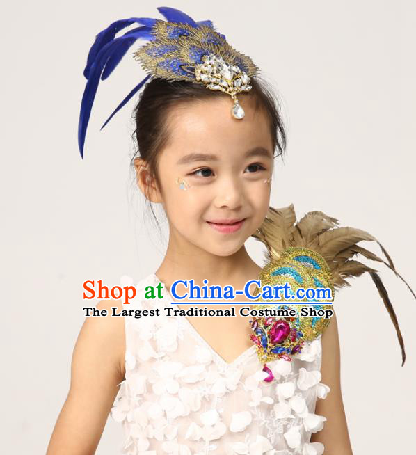 Professional Peacock Dance Royalblue Feather Hair Stick Girl Stage  Performance Hair Crown Classical Dance Hair Accessories